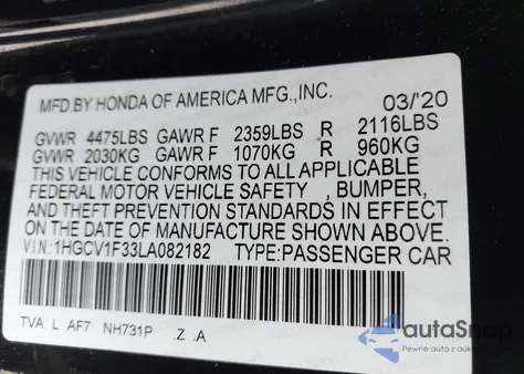 2020 Honda Accord Sport from USA, damaged, VIN 1HGCV1F33LA082182